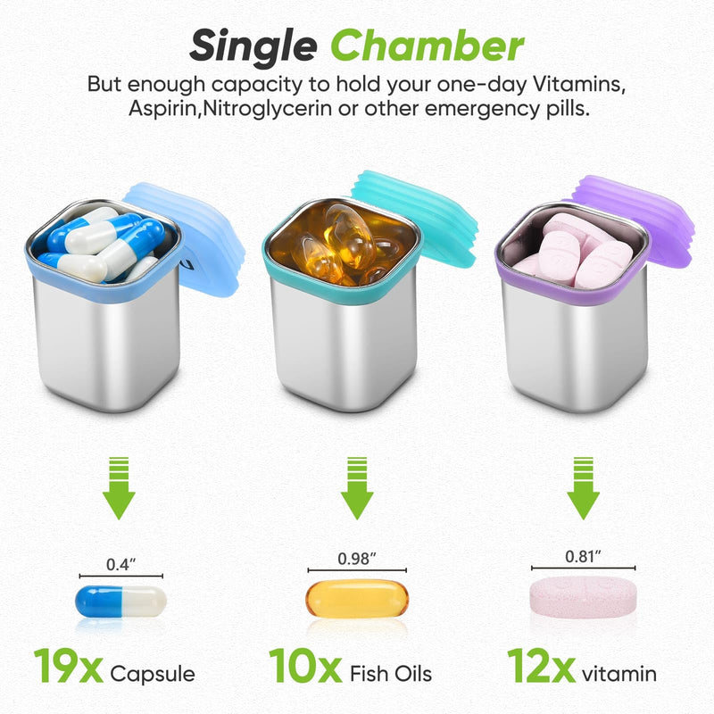 Square Metal Pill Case 7 Day, Stainless Steel | Medicine Box Organizer for Travel, Waterproof Tablet Container, Portable Daliy Pill Holder for Vitamins Fish Oils Rainbow
