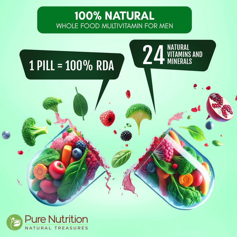 Pure Nutrition Whole Food Multivitamins for Men | 60 Tabs | One-A-Day | 100% RDA | 24 Natural Vitamins and Minerals | All Natural Plant Based Men's Multivitamin | 2 Months Supply