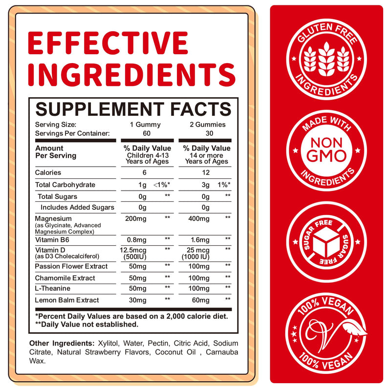 Magnesium Gummies for Kids - Magnesium Glycinate Gummies Supplement with L-Theanine, Vitamin B6, D3 for Kids & Adults Sleep, Calm, Relaxation, Brain, Bones, Sugar Free Strawberry 60ct 60 Count (Pack of 1)