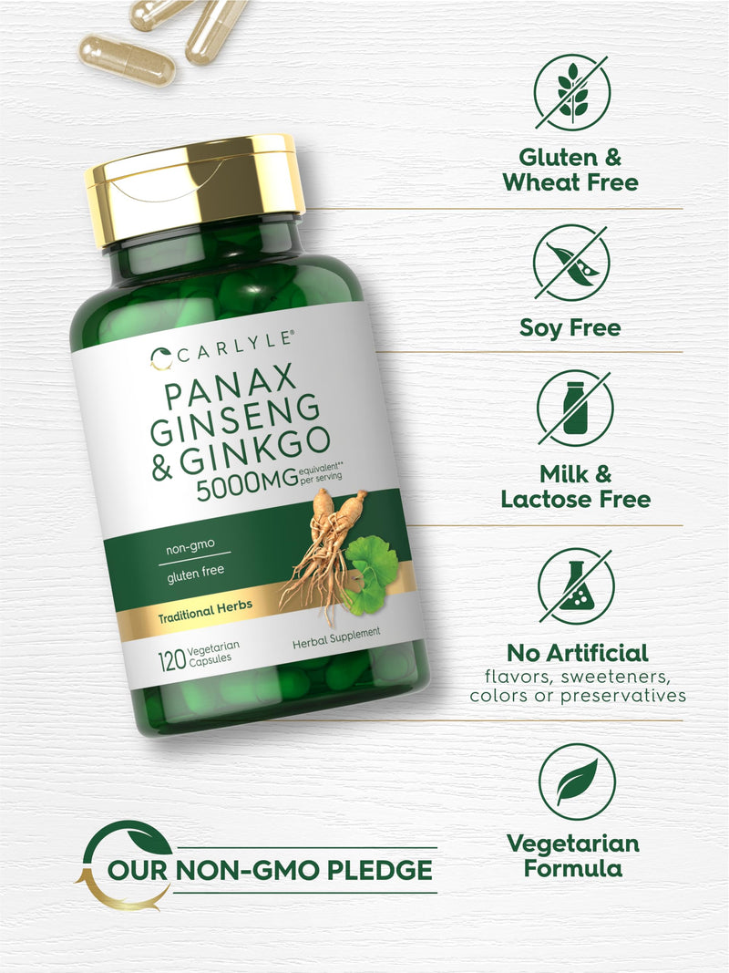 Carlyle Panax Ginseng + Ginkgo Biloba | 120 Vegetarian Capsules | 5,000mg | Vegetarian, Non-GMO, and Gluten Free Supplement