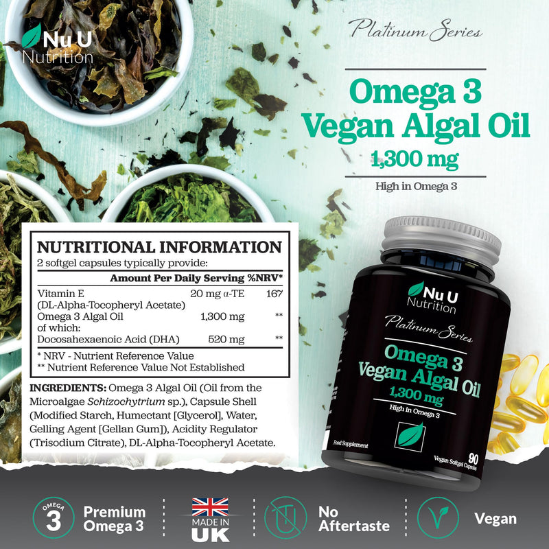 Vegan Omega 3 Algae Oil 1300mg - 520mg DHA per Serving - 90 Vegan Softgel Capsules with Vitamin E - High Strength DHA from Marine Algae Oil - Plant Based Omega 3