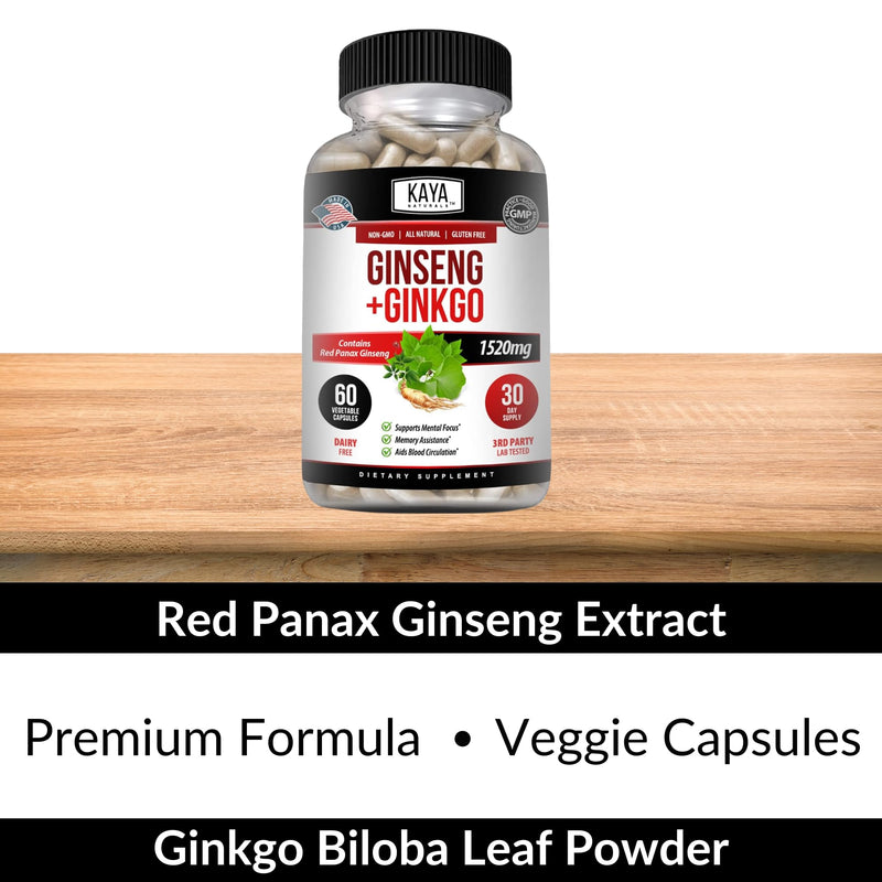 [Australia] - Kaya Naturals Red Panax Ginseng + Ginkgo Biloba | Nootropic Brain Supplement | Cognitive and Concentration Support | Brain Booster, Focus, and Memory Supplement | 60 Capsules 60 Count (Pack of 1) 