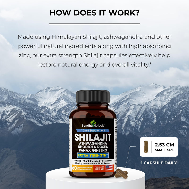 [Australia] - Sandhu Herbals Shilajit Pure Himalayan 18000mg, 60 capsules with Ashwagandha 2000mg, Rhodiola Rosea 1000mg, Panax Ginseng 1500mg, Stinging Nettle 100mg supplement for men | Made in USA 60 Count (Pack of 1) 