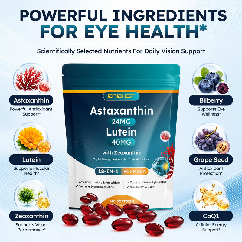 18-in-1 Astaxanthin 24mg Supplement with Lutein 40mg & Zeaxanthin, Eye Health & Antioxidant Support with Lycopene, Grape Seed, CoQ10, Collagen & Hyaluronic Acid, 240 Softgels, 240-Day Supply