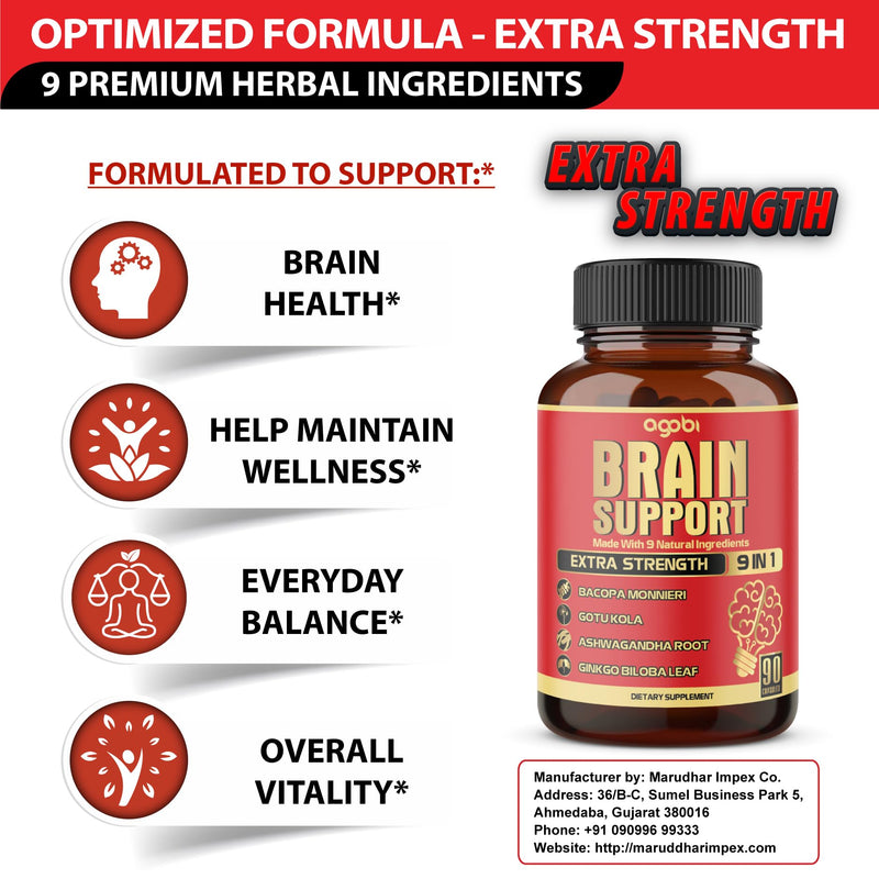 [Australia] - 9in1 Brain Support Supplement - Concentrated Ashwagandha Root, Gotu Kola Powder, Bacopa Monnieri Powder and More - 90 Capsules - 3 Months Supply 