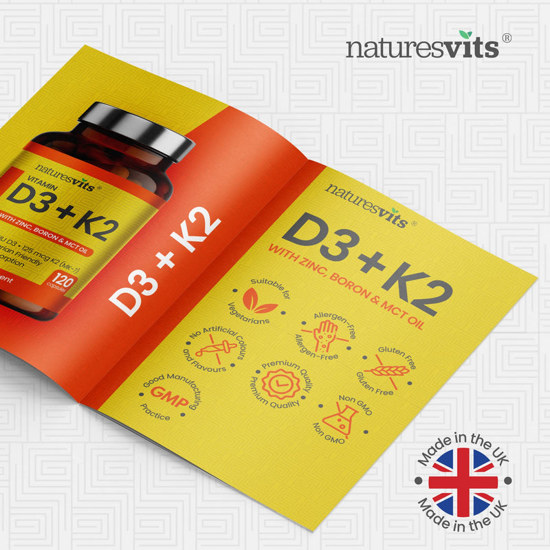 Vitamin D3 and K2 Bone Supplement - with Zinc, MCT Oil and Boron for Calcium Absorption for Joint Care - High Strength Natural Supplements for Women and Men
