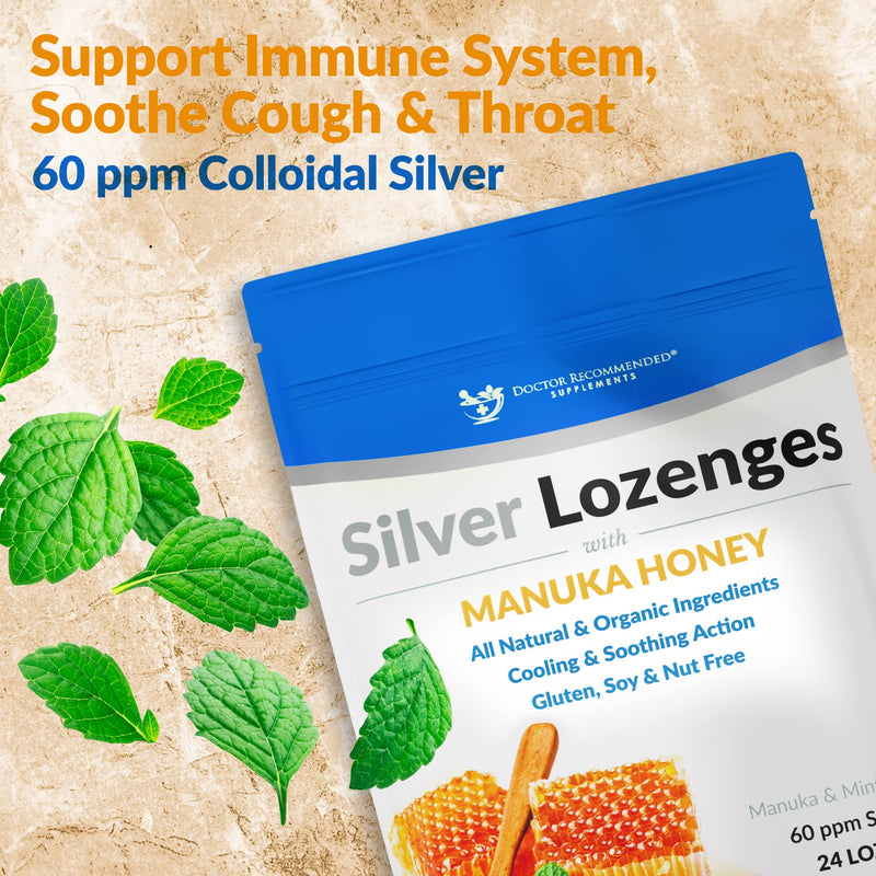 [Australia] - Silver Lozenges with Organic Manuka Honey and Vitamin C - All-Natural Nano Silver 45-50mcg of 60 PPM Colloidal Silver Mineral Drops to Support Immune System, Soothe, Cool Cough & Throat, 24-Lozenges 24 Count (Pack of 1) 