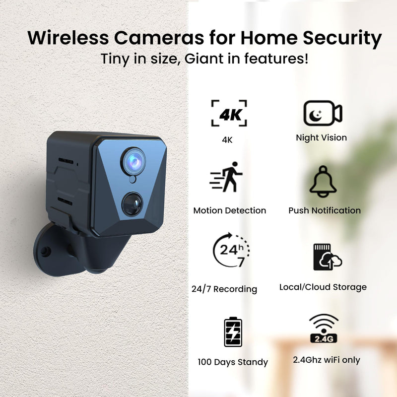 [Australia] - 2025 Upgraded Security Camera, 4K HD Mini Nanny Cam for Home with Night Vision, WiFi Indoor Camera, 100 Days Long Battery Life, Motion Detection, Remote Viewing, Wireless Surveillance Cam WIFI Camera 