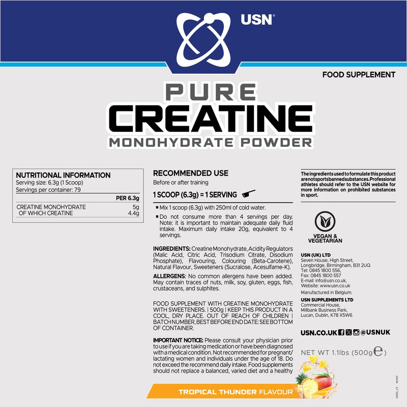 USN Micronised Creatine Powder 500g (79 Servings): Tropical Thunder Flavour, 100% Pure Creatine Monohydrate Powder for Performance and Muscle Recovery, Suitable for Vegans 79 Servings (Pack of 1)