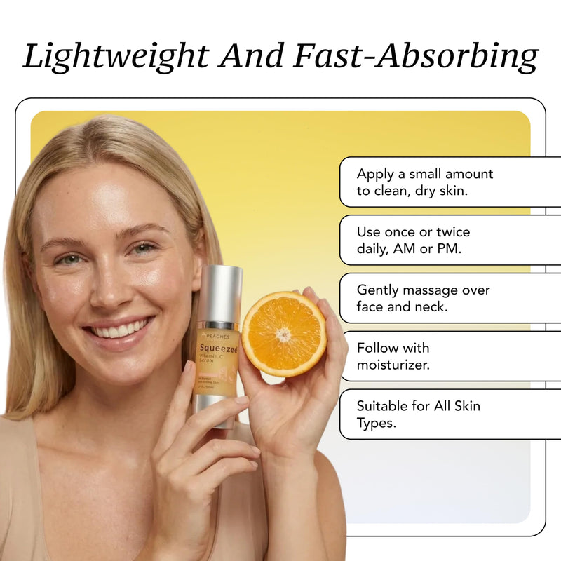 Peaches Skin Care Vitamin C Serum with Kakadu Plum and CoQ10, 1 fl oz | Lightweight hydrating serum with vitamin C, Kakadu plum, gold and CoQ10 for a smooth, radiant-looking complexion.