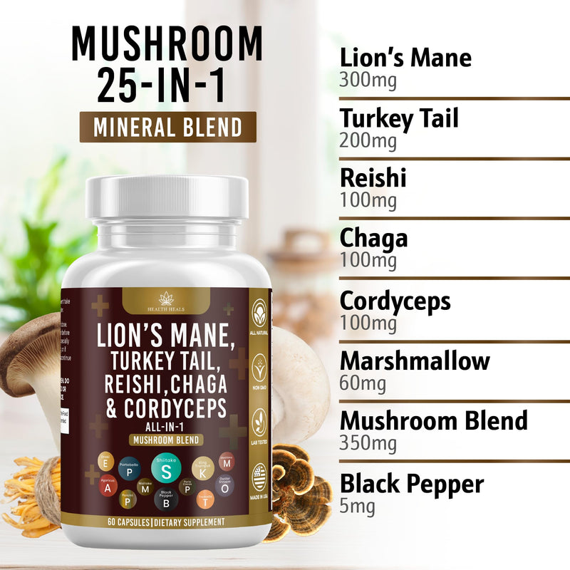 [Australia] - Mushroom Supplement with Turkey Tail 2000mg Reishi 1000mg Cordyceps Chaga 1000mg with Marshmallow Root - 60 Count 