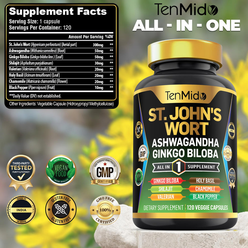 [Australia] - St.John's Wort Supplement - 8in1 Formula - Combine with Ashwagandha, Ginkgo Biloba, Shilajit, Valerian, Holy Basil, Chamomile, and Black Pepper - 120 Vegan Capsules for 4 Months Supply 