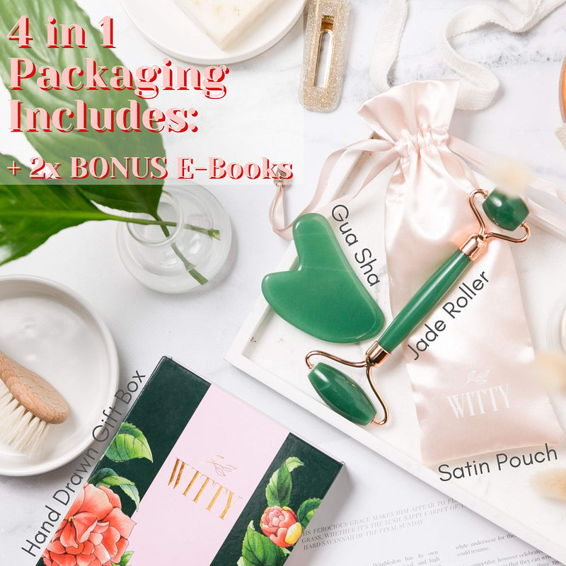 WITTY Jade Face Roller and Gua Sha Set in Hand-Drawn Giftbox - Gua Sha Stone, Face Massager Roller, Beauty Massage Face Scraper Tools - Guasha Tool for Face Roller Skin Care, Eyes, Neck - Extra Pouch Green