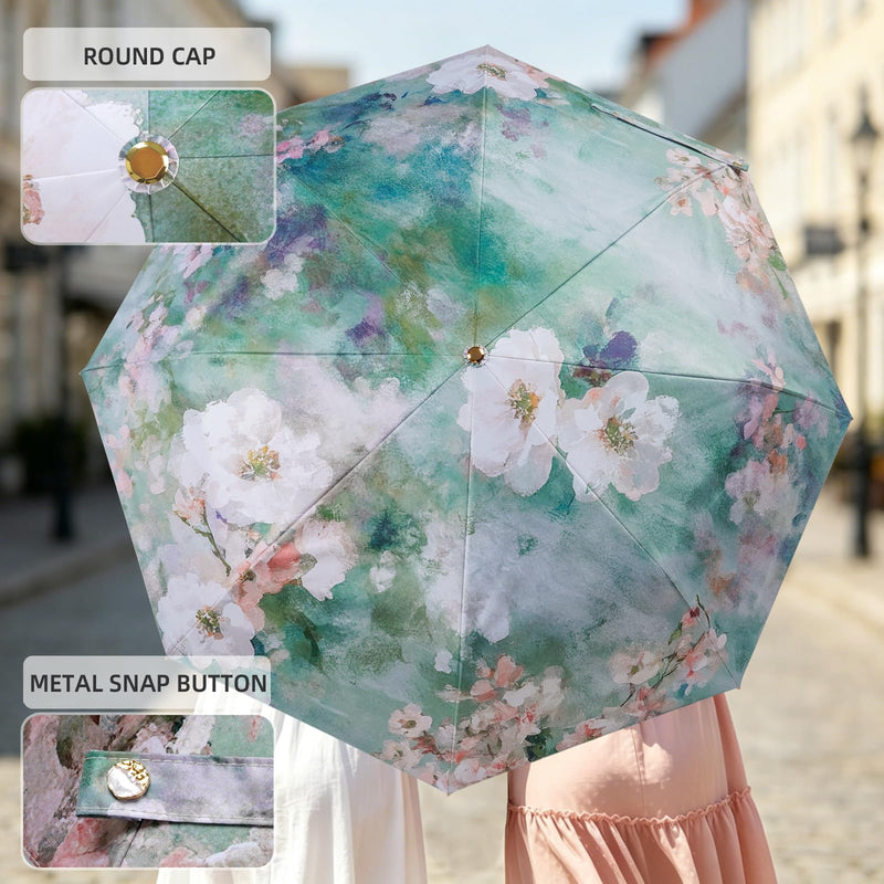 Manual Folding Floral Oil Painting Umbrella for Women - UV Protection Rain Sun Umbrella with Golden Hook Handle Lightweight Fiberglass Frame Green