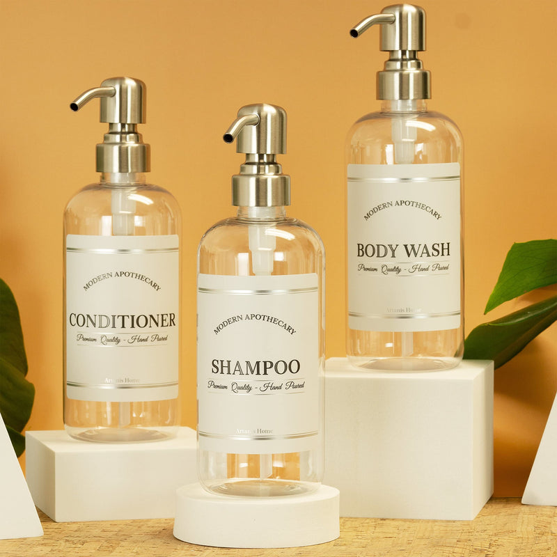 Clear Refillable Shampoo and Conditioner Bottles - Body Wash, Shampoo and Conditioner Dispenser - PET Plastic Shampoo Bottles Refillable with Pump - Waterproof Labels - 16 oz, 3 Pack (Stainless Steel) Stainless Steel Pumps