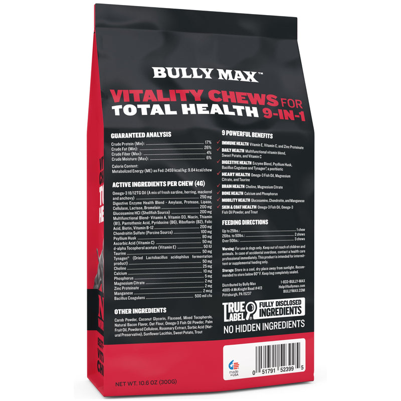 Bully Max 9-in-1 Total Health Dog Chews - Puppy & Adult Dog Multivitamin Treats - Omega 3 Vitamin Supplements for Immunity, Brain, Heart, Joint & Digestive Health for All Breeds - 75 Soft Chews/Bag - PawsPlanet Australia