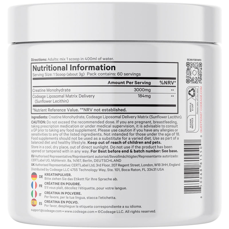 Codeage Liposomal Creatine Monohydrate Powder – 3000mg per Serving, Unflavoured, 60 Servings – Pre & Post Workout Supplement – 2-Month Supply