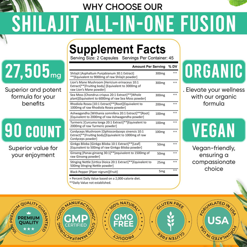 [Australia] - Shilajit Pure Himalayan Organic. 11-in-1 Shilajit for Men. Shilajit Capsules with Sea Moss Himalayan Shilajit Ashwagandha Rhodiola Rosea Panax Ginseng Turmeric Lion’s Mane Ginkgo. 27’505 mg/Serving 