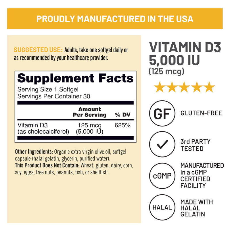 NatureWise Vitamin D3 5000IU Supplement, Bone & Immune Health, 30 Softgels