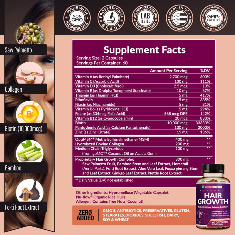 Hair Growth Vitamins for Women | Biotin 10,000mcg, Collagen, Patented OptiMSM®, goMCT®, Saw Palmetto | Naturally Supports Stronger & Healthier Hair, Skin and Nails |Non GMO + Made in USA|60 Day Supply 120 Count (Pack of 1)