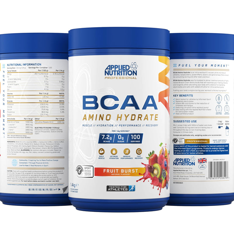 Applied Nutrition Bundle BCAA Amino Hydrate Powder 1.4kg + Lifestyle Water Bottle 1000ml | Branched Chain Amino Acids Supplement, Electrolytes, B Vits, Intra Workout & Recovery Drink (Fruit Burst) Fruit Burst