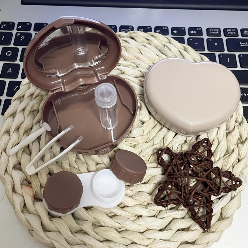 [Australia] - 2 Pack Heart Cute Contact Lens Case, Travel Contact Lens Box with Mirror Tweezers Remover Tool Solution Bottle for Outdoor Office Daily Use Beige, Light brown 