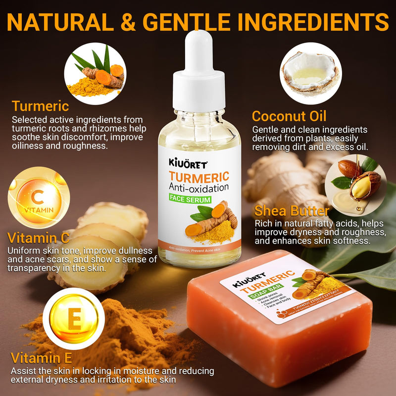 3PCS Turmeric Soap & Serum Set - Turmeric Face Serum + 2 Turmeric Soap Bars with Vitamin C & E - Deep Cleanses Pores, Reduces Acne, Controls Oil, Soothes Skin - Hydrating Facial Kit for All Skins Turmeric+3Pcs