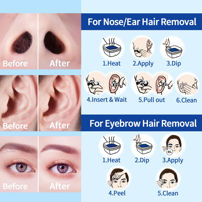 Beauty7 Nose Wax Kit, Ear Nose Waxing Kit for Women and Men, Portable Wax Warmer for Facical Hair Removal, USB Rapid Heating, 100g Waxing Beads, 10 Applicators, 10 Mustache Patches, 5 Calming Oil Wips