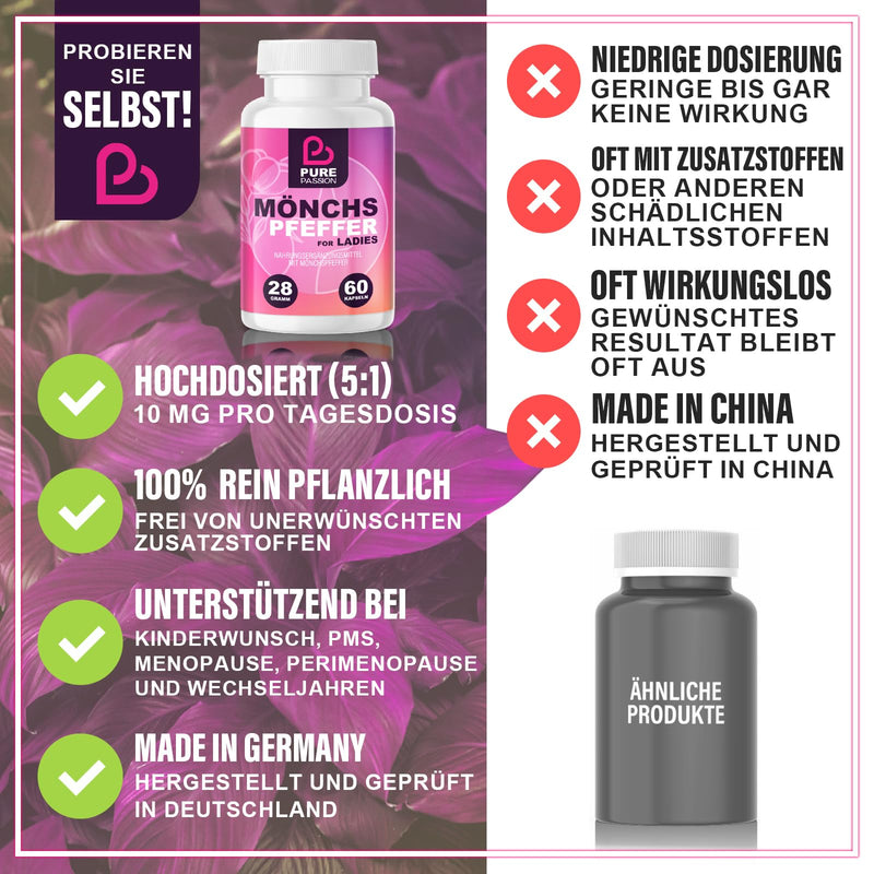 [Australia] - Pure Passion® Monk's Pepper for Ladies - dietary supplement for women - high-dose monk's pepper, with 10 mg Agnus Castus 5:1 - ideal for daily needs - 60 capsules, Made in Germany 