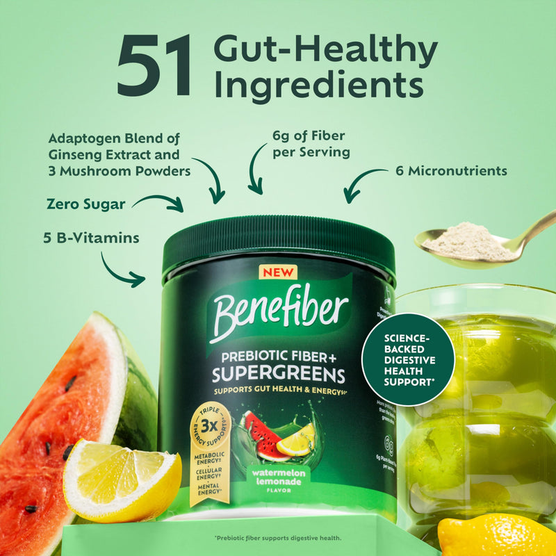 [Australia] - Benefiber Prebiotic Fiber + Supergreens Dietary Supplement Powder, Watermelon Lemonade Flavor, 8.8 oz (250g) 