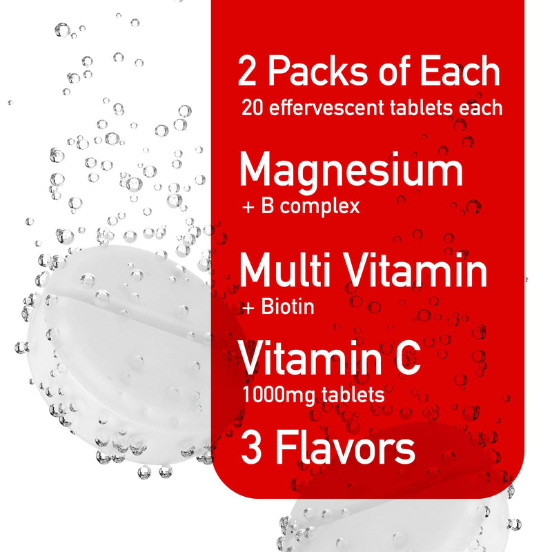 Effervescent Variety Pack with Vitamin C 1000mg, Magnesium + B Complex, Multivitamin + Biotin, 6-Pack, 120 Tablets 20 Count (Pack of 6)