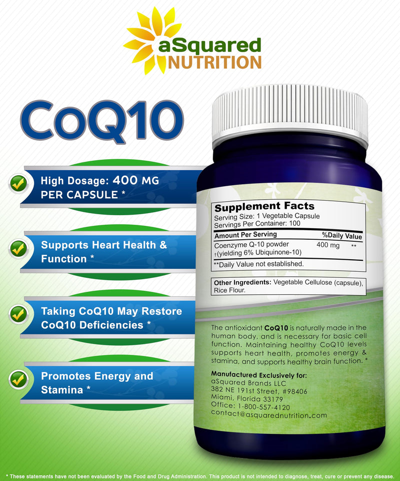 CoQ10 400mg - 100 Capsules - Co Q 10 Supplement - Coenzyme Q10 Pills - CQ10 | High Absorption CoQ 10 - Extra Strength Ubiquinone Powder - CO Q-10 Enzyme Alternative to Gummies & Softgels 100 Count (Pack of 1)