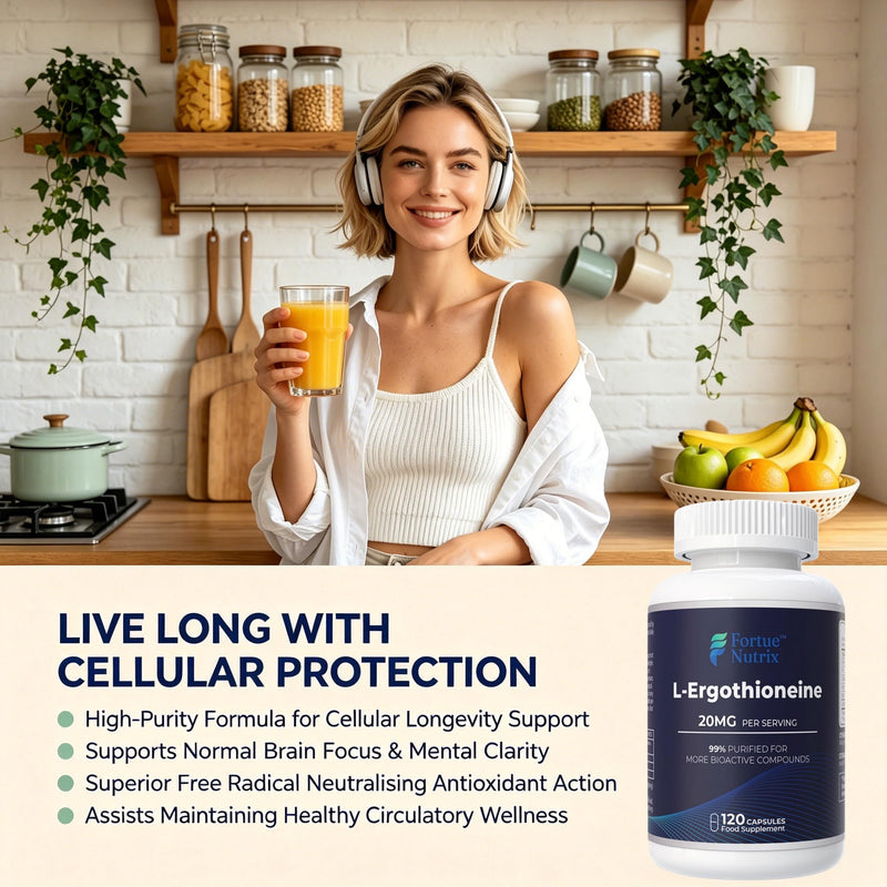 Longevity Supplement, L-Ergothioneine 20mg for Cellular Energy Support | 99% Purified Ergothioneine 120 Capsules, Alternative to Glutathione & CoQ10 for Antioxidant & Healthy Ageing, 4 Month Supply