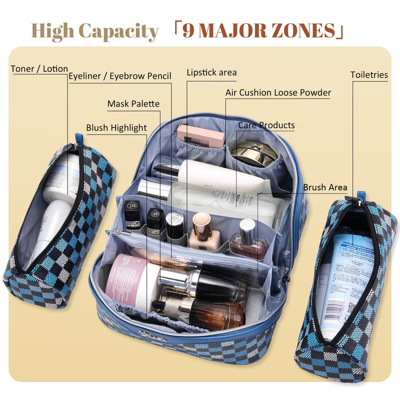 BOYATU Travel Makeup Bag Organizer Cosmetic Bag: 3 Pcs Set Make up Bags for Women with Handle - Waterproof Vegan Leather Toiletry Bag (01-H-Blue) 07-A-Blue