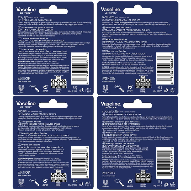 Vaseline Lip Therapy Variety 8-Pack, Moisturizing Lip Balm with Vitamin E, 0.16 Oz Ea 0.16 Ounce (Pack of 8)