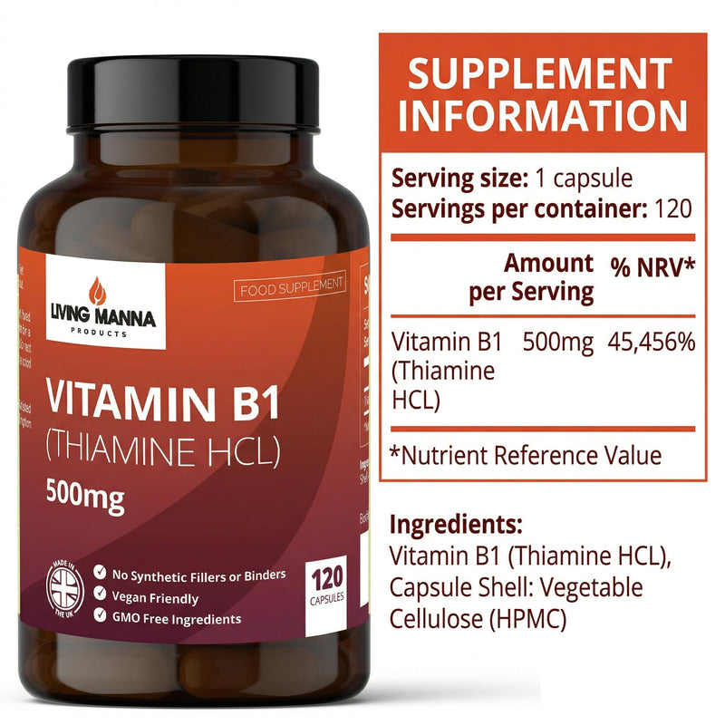 Vitamin B1 Thiamine 500mg High Strength | 120 Vegan Capsules | Energy, Nerve & Brain Support | Pure Thiamine HCl | No Fillers | Made in the UK – Living Manna