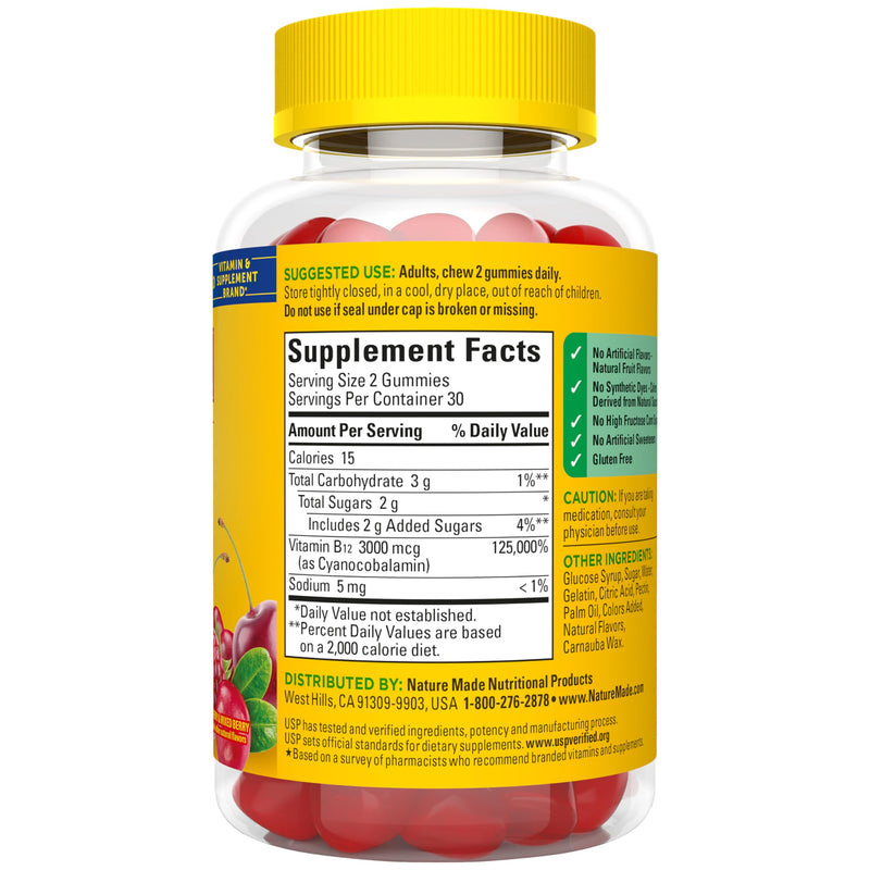 Nature Made Extra Strength Vitamin B12 Gummies 3000 mcg per Serving, 60 Ct | B12 Vitamins for Energy Metabolism Support, Gummy Vitamins for Men and Women, Mixed Berry Flavor, 30 Day Supply 60 Count (Pack of 1)