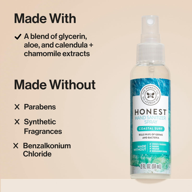 [Australia] - The Honest Company Plant-Based Hand Sanitizer Spray | Kills 99.9% of Germs | Hypoallergenic, Quick-drying + Moisturizing | Coastal Surf, 2 fl oz 2 Fl Oz (Pack of 1) 