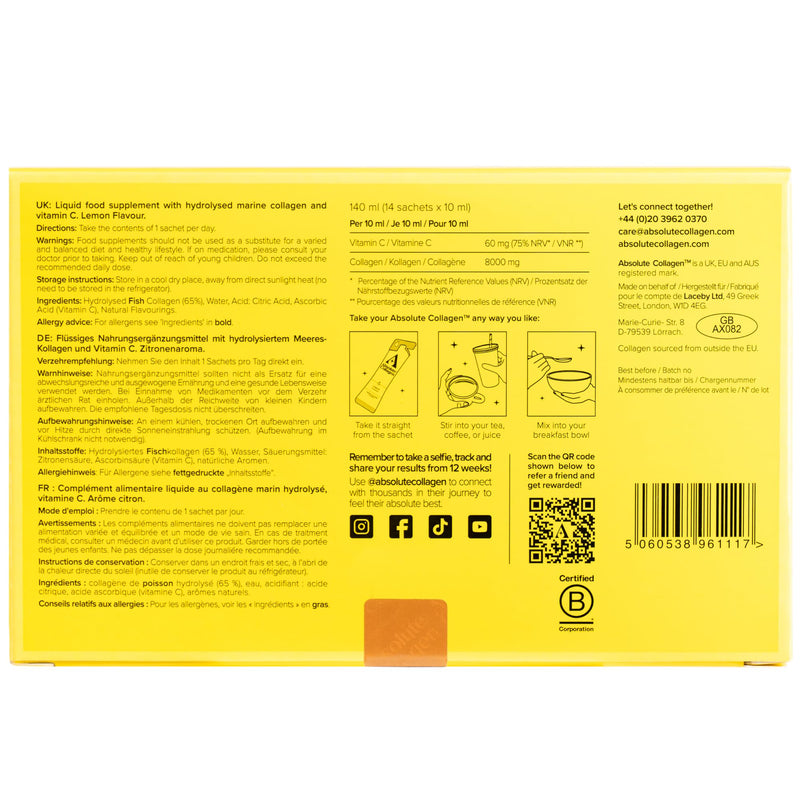 Absolute Collagen Marine Liquid Collagen Supplement for Women | New Lemon Flavour, Supports Hair, Nail & Skin Health, 8000mg of Hydrolysed Collagen per Sachet, Vitamin C | 14 Sachets 140 ml (Pack of 1)