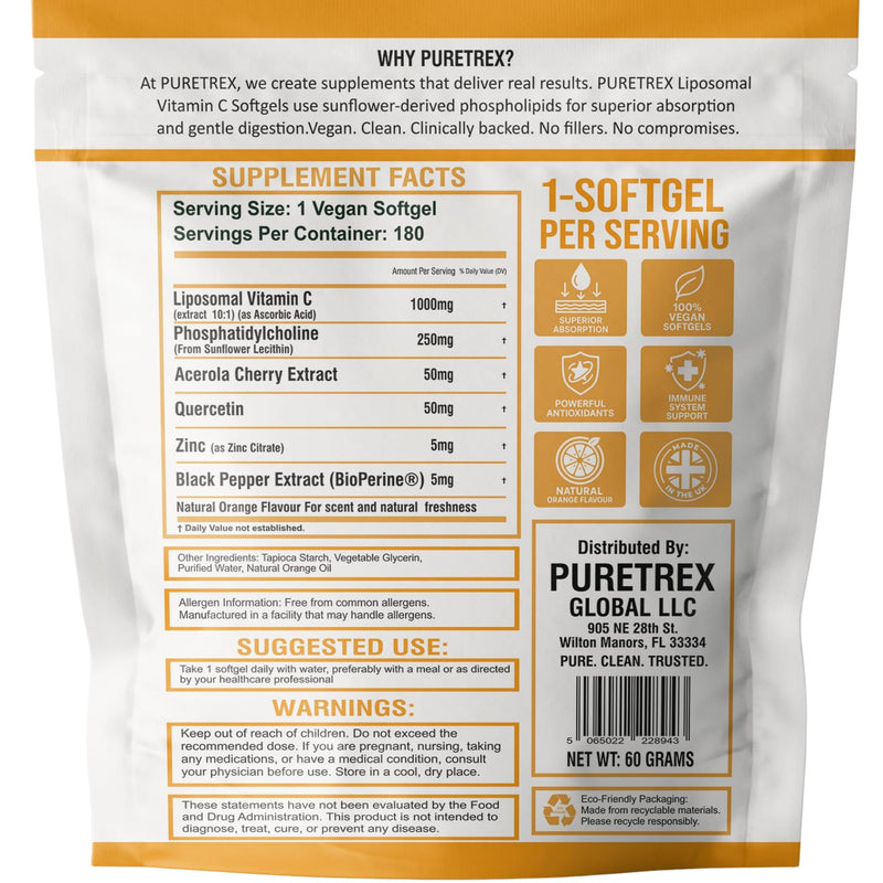PURETREX Liposomal Vitamin C 1000mg Softgels, Zinc Quercetin BioPerine Complex, Vegan Daily Nutrition Supplement, Gentle Capsule Formula, Clean Non GMO, Made in UK, 180 Softgels
