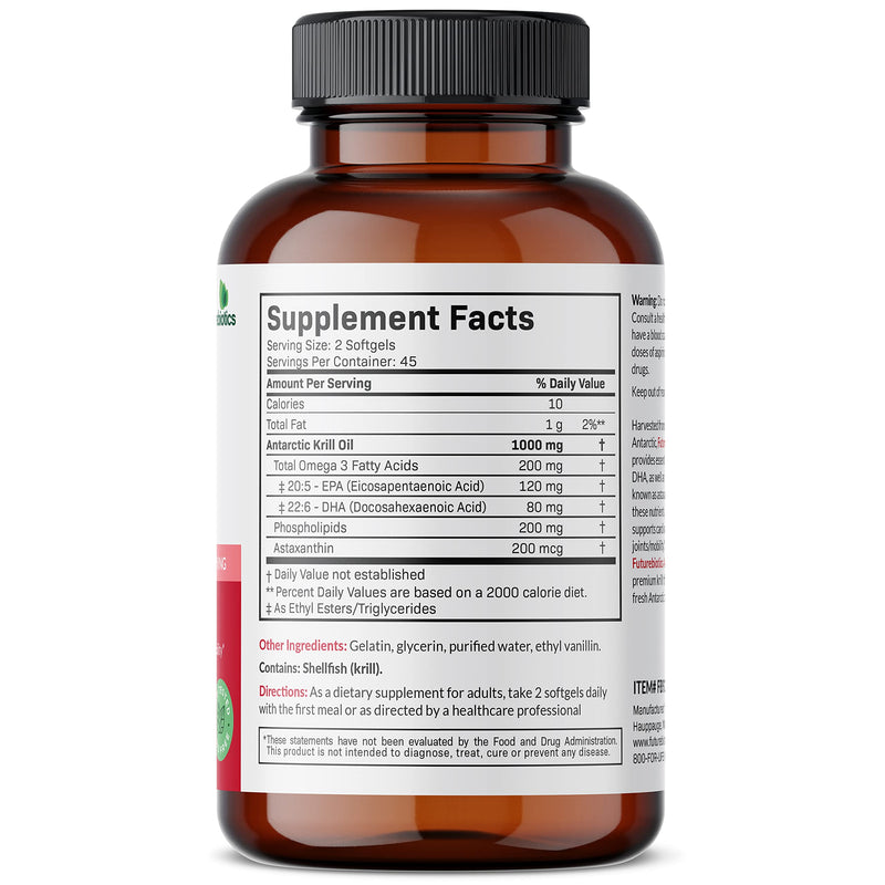 [Australia] - Futurebiotics Antarctic Krill Oil 1000mg with Omega-3s EPA, DHA, Astaxanthin and Phospholipids - Premium Krill Oil Heavy Metal Tested, Non GMO – 90 Softgels (45 Servings) 90 Count (Pack of 1) 