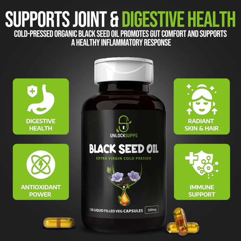 Cold Pressed Black Seed Oil Capsules – 500mg, 120 Liquid-Filled Vegan Capsules, Nigella Sativa for Immune Support, Joint Health–Fast Absorption, Heat-Resistant
