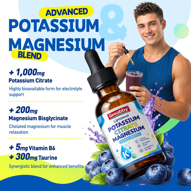 Liposomal Liquid Potassium Magnesium 1000mg Drops, 2 Fl Oz | Potassium Citrate Supplement with Magnesium Bisglycinate for Adults, Vitamin B6 & Taurine, Natural Blueberry Flavor