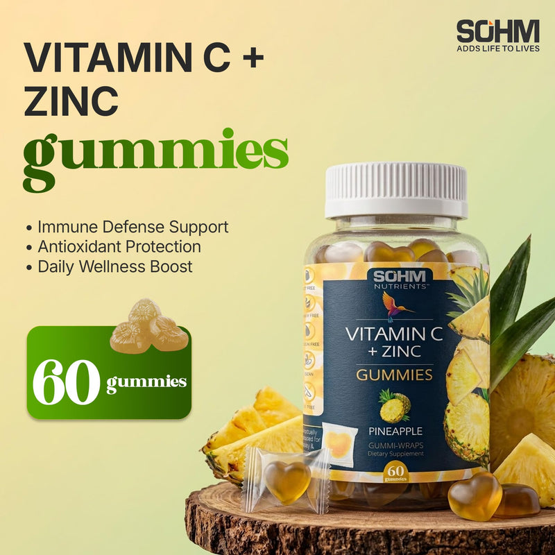 SOHM Vitamin C 60000 mcg + Zinc 15000 mcg Gummies for Adults | 60 Gluten, Gelatin Free, Vegetarian Gummies | Supports Healthy Immune Function | Vitamin C & Zinc Supplement for Men & Women