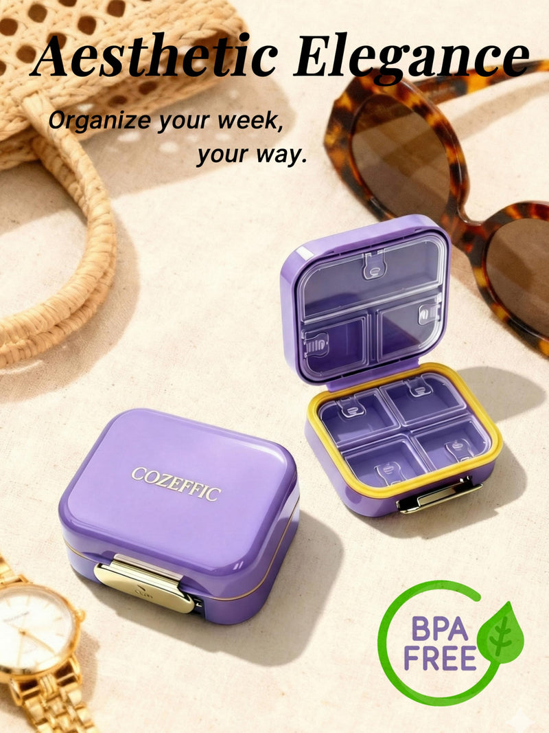 Small Pill Case Travel Pill Box with 7 Compartments for Purse - Compact Pill Organizer for Medicine Vitamin - Portable Container for Supplements & Fish Oil - Lavender