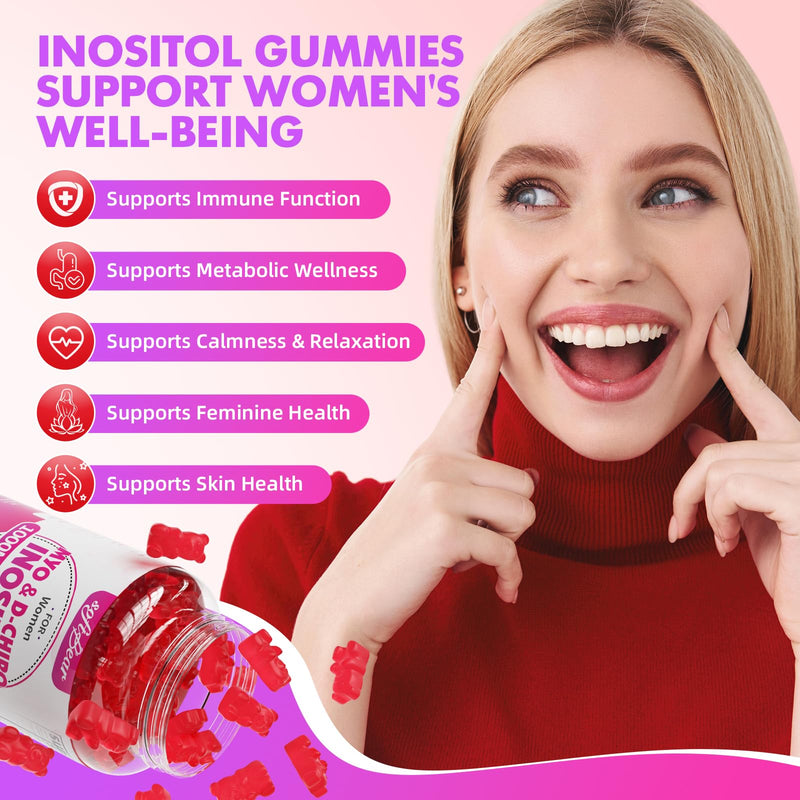 softbear Inositol Supplement for Women, Myo-Inositol & D-Chiro Inositol Gummies 1000mg with Vitamin D3 for POCS Support & Female Wellness, Sugar-Free/Veagn/GMO-Free, Strawberry Flavor, 120 Count 60 Count (Pack of 2)
