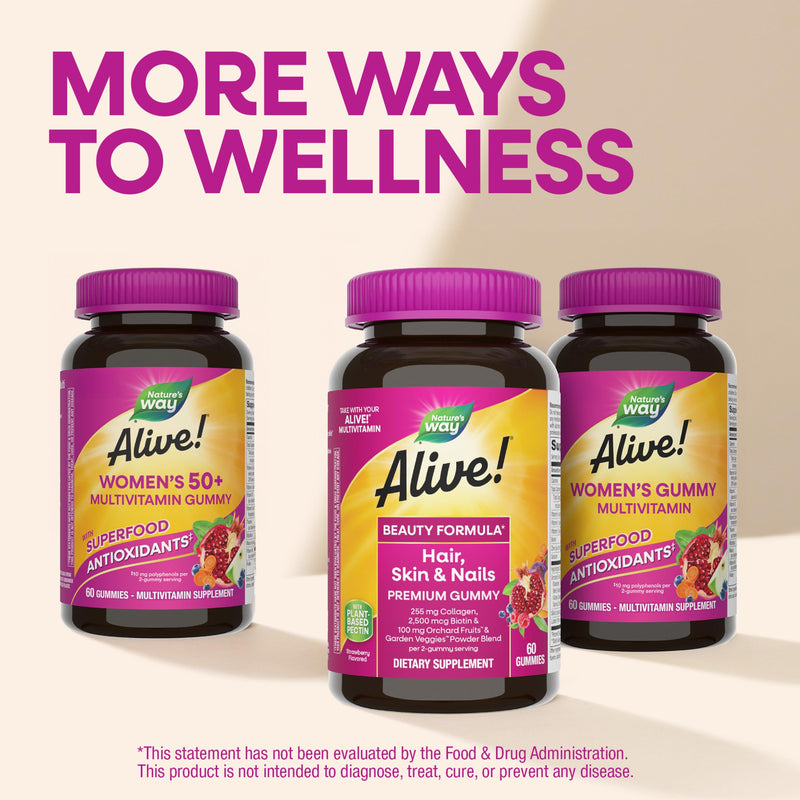 Nature's Way Alive! Premium Hair, Skin & Nails Gummies, Strawberry, 60 ct | Daily Gummy with Collagen and Biotin, Advanced Beauty Formula Supplement with High Potency Antioxidant Vitamins C & E*