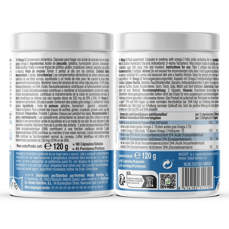 Weider Omega 3 (90 Softgels) with Fatty Acids EPA and DHA, Vitamin E, Support the Normal Functioning of the Heart, Brain and Vision Fish 90 softgels