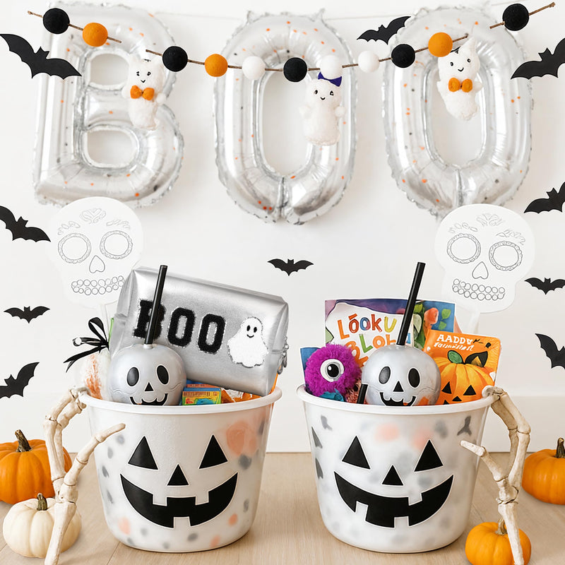 Dripykiaa Halloween Makeup Bag Boo Basket Gifts, Spooky Basket Gift for Women, Large Capacity Cosmetic Pouch with Ghost Chenille Patch, Soft Leather Zipper Toiletry Travel Organizer