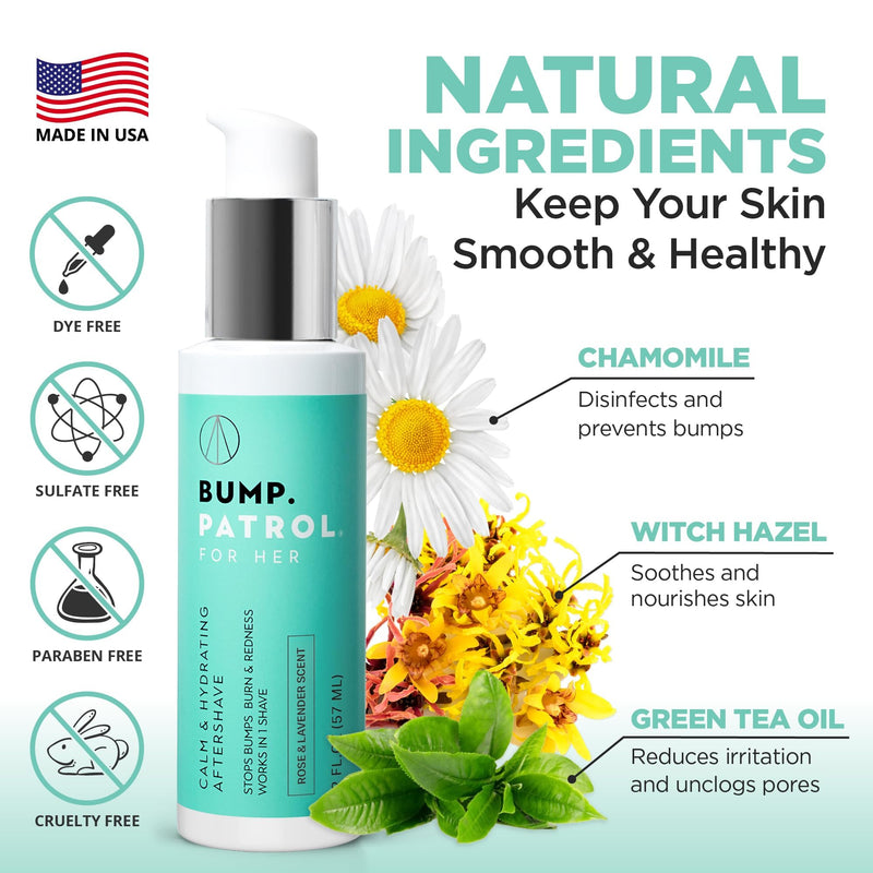 Bump Patrol bump patrol aftershave for Women, Calm & Hydrating after shave for women - ingrown hair treatment, Razor Bumps & Burn Relief, Rose & Lavender Scent, Dye & Sulfate Free - 2 Fl Oz